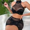 Europeu e Americano Transfronteiriço Novo Sexy Decote Halter Jacquard Diamante Quente Recortado Transparente Macacão Roupa de Rede Livre para Tirar 9036Z