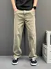 Calça Reta Azul Profundo para Negócios Leves Masculina Textura Lavada Calça Casual Simples Emagrecedora Versátil para o Trabalho Calça Longa Masculina