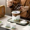 Conjunto de chá de viagem em cerâmica preta, alça resistente ao calor, bule portátil com duas xícaras, conjunto de chá de viagem Mil Li de Rios e Montanhas com bandeja para infusão a seco