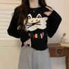 Suéter jacquard de cabeza de gato para mujer 2023 otoño e invierno estilo coreano cuello redondo manga larga corto reductor de edad ajustado camisa top de fondo para mujer