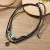 Nuevo Collar Trenzado de Cuero con Cuentas Turquesas Multicapa Estilo Étnico Colgante de Moneda de Cobre Retro Nuevo Collar Estilo Chino