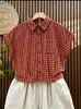 Camisa corta de verano para mujer a cuadros con cuello, mangas raglán, dobladillo fruncido y corte holgado, estilo único