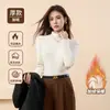 Camiseta térmica de base para outono e inverno para mulheres, gola alta discreta, forrada com fleece, espessa, corte justo, top elástico, versão unissex