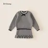 Conjunto de Inverno Bangxuan para Crianças com Laço e Bolinhas, Suéter Pulôver para Meninas, Saia com Barra Ondulada, Conjunto de Duas Peças para Crianças Maiores