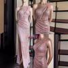 2026 Novo Elegante Anfitriã Sexy Um Ombro Lantejoula Prata Pesada Longo Banquete Cauda de Peixe Vestido de Noite para Mulheres