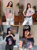 Camiseta de Algodão Puro Manga Curta para Mulheres com Ombro a Ombro Ombro a Ombro Estampada Manga Meia Manga com Ombros Inclinados Estilo de Rua Manga Três Quartos Estilo Americano