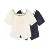 Blusa Elegante de Malla Patchwork de Lunares con Bloques de Color Estilo Francés de Manga Corta para Mujer, Tallas Grandes Ajustada 65397