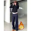 Jeans Reto Grosso de Veludo Azul Escuro Solto para Mulheres no Inverno Popular Retro de Cintura Alta Skinny Estreito Calças de Perna Larga