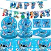 Decoración de Fiesta de Cumpleaños Nueva y Popular de Lilo y Stitch Bandera de Tirar de Stitch Plato de 7 Pulgadas Plato de 9 Pulgadas Servilleta de Papel Mantel Taza de Papel