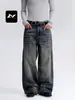 Jeans retro americanos de bigotes de gato para hombre y mujer, corte holgado, lavados y desgastados, versátiles pantalones rectos de pierna ancha