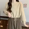 Suéter casual simples de cor sólida estilo coreano para mulheres baixinhas, moda outono e inverno, gola redonda, cordão, tricô pulôver solto, moderno