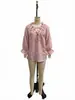 Blusa Jacquard Blanco Texturizado de Cuello V con Volantes y Lazos Cruzados, Manga Puff de Tres Cuartos, Holgada, para Mujer, 2026