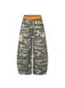 Pantalones de chándal estilo retro americano con bloques de color, cintura doble adelgazante, bordados de camuflaje, dobladillo curvo, para hombres y mujeres, diseño moderno de primavera y otoño, pantalones de pierna ancha