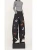 Jeans Bordado Cartoon Retro Americano para Homens e Mulheres, Nova Moda High Street 2026, Calças de Cintura Alta Largas Estilo Streetwear Bf