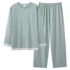 Pijama de Algodón Modal Falso de Dos Piezas Lan Jing para Hombre, Invierno Cuello Redondo Manga Larga Talla Grande, Adecuado como Ropa de Abrigo para Primavera/Otoño, Ropa para el Hogar Antibacteriana
