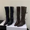 Botas de moda estilo coreano 20266 con hebilla de cinturón, tacón grueso, botas largas de caña alta para mujeres menudas, por encima de la rodilla, ajuste ceñido