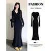 Vestido de cola de pez con estampado de flor de loto negra para mujer, adecuado para principios de otoño e invierno, se usa debajo de un abrigo, tejido, ajustado, falda larga fina