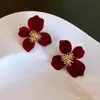 Pendientes de Flor Vintage de Terciopelo Rojo Pendientes de Botón Colgante de Perla Lujo Ligero Lazo Boda Vestido de Novia Vestido de Brindis