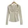 Estilo Puro Deseo Sexy de Cuello Halter con Cordones Plisado Manga Larga Camiseta Nueva Llegada de Primavera Ajustada Adelgazante Top Corto Básico para Mujer