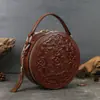 Bolso Pequeño Redondo Repujado Retro, Bolso de Mano con Transferencia, Bolso Festivo para Mujer, Bolso de Piel Genuina, Bolso de Hombro Cruzado de Alta Gama para Mujer