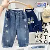 Pantalones de Pierna Ancha de Mezclilla Otoñales con Estampado de Estrellas Retro Americano para Niños 2026 Pantalones Largos Ajustados de Cintura Alta Sueltos para Niños Tendencia