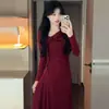 Vestido Asimétrico con Fruncidos Florales Rojos al por Mayor para Mujer, Ropa Interior Transfronteriza de Otoño e Invierno Vestido Largo Línea A