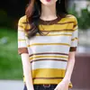 100% Algodón Moda Femenina Nueva Primavera/Verano 2026 Cuello Redondo Manga Corta Elegante Camiseta Top Rayado Delgado de Manga Corta