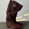 Bota de montar de caña alta, pierna ancha, adelgazante, hasta la rodilla, para mujer, estilo coreano, de nicho, casual, que aumenta la altura, de cuero suave, caña larga, botas de mujer con tacón de bloque