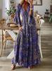 2023 Europeu e Americano Cross-border Bohemian Flare Manga Estampado V-neck Cintura Alta Vestido de Férias Floral Vestido Longo