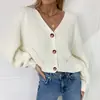 2026 Europeu e Americano Outono/Inverno Comércio Exterior Placa Grande Novo Estilo Suéter Cardigan Feminino Cor Sólida Gola Mangas Bufantes Botões Tricô Cardigan