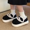 Sapatos Mary Jane Quentes Forrados com Lã para Mulheres no Inverno com Laço, Mocassins de Solado Grosso para Uso ao Ar Livre, Sapatos de Algodão Versáteis Doces e Modernos