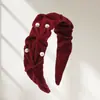 Faixa de Cabelo de Veludo Preto Pérola Vermelha de Luxo, Faixa de Cabeça Elegante Plissada de Borda Larga, Novo Estilo Grampo de Cabelo Acessório de Cabelo