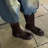 Botas Western de Color Desgastado Retro con Punta Redonda y Tacón Grueso Hebilla de Cinturón Botas de Motocicleta Versátiles de Tacón Medio Hasta la Mitad de la Pantorrilla para Mujer