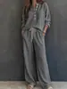 2026 Novo Moda Feminina Europeia e Americana Transfronteiriça Estilo Casual Preguiçoso Retrô Conjunto de Camisa de Manga Longa e Calça Cor Sólida Waffle para Mulheres