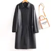 Casaco de Couro Haining para Mulheres, Comprimento Médio, Dupla Face, com Cinto, Elegante Trench Coat, Nova Jaqueta de Couro Outono e Inverno