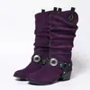 Botas de Cano Alto com Salto Grosso, Botas Western, Cinto Largo com Fivela Redonda, Botas de Moda Feminina Plus Size, Botas de Equitação com Tachas, Bico Redondo, de Calçar