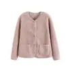 Cardigan/jaqueta feminina de fleece imitação de lã de cordeiro com gola redonda e mangas compridas, novo top outono e inverno 472938/481025