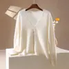 Cardigan de Tricô V-Neck de Lã Cashmere Novo Outono/Inverno Manga Longa Macio Cor Sólida Top Suéter de Lã Escovada