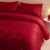 Juego de Cuatro Piezas Jacquard de Alta Gama para Boda, Funda de Edredón Roja para Boda, Sábana Plana, Sábana Ajustable, Edredón de Boda para Recién Casados, Juego de Cama
