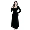 Vestido de Renda Francesa com Recortes, Gola Quadrada, Novo Estilo Outono/Inverno Transfronteiriço para Mulheres, Vestido de Veludo Acinturado Slim Fit de Comprimento Médio