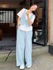 Traje de Conjunto de Dos Piezas Falsas de Manga Corta Color Azul Claro Casual con Pantalones de Pierna Ancha para Mujer Verano 2025 Nueva Moda Conjunto Delgado de Dos Piezas