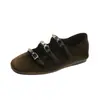 Zapatos planos de mujer estilo francés, punta redonda, color negro mate, nueva colección de otoño 2026, zapatos Mary Jane marrones con hebilla metálica, zapatos pequeños de piel