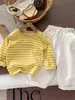 Conjunto informal casual a rayas elegante estilo coreano para niños y niñas con camiseta base y camiseta de manga corta para niños
