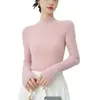 Suéter de cuello alto medio para otoño e invierno, nueva camiseta básica de punto de color liso, top ajustado de rayas verticales para mujer