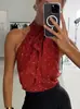2025 Otoño Transfronterizo Nuevo Diseño Estilo Chica Caliente Americana Camisola con Cordones de Lunares de Ácido Acético Imitación de Cuello Halter para Mujer