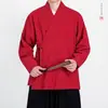 Camisa de algodón y lino estilo chino para hombre, cuello oblicuo, túnica de laico retro estilo Zen con cuello cruzado, chaqueta holgada casual Hanfu Taoísta