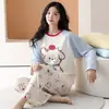 Pijama de Algodón Puro para Mujer para Primavera y Otoño, Manga Larga, Pantalón Largo, Cuello Redondo, Sin Capucha, Holgado, Ropa de Casa Casual, Se Puede Usar Afuera, Conjunto de Dos Piezas