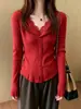 Blusa de Tricô Slim com Gola Lapela e Barra de Renda Patchwork Francês Feminina Nova Coleção Primavera Outono Elegante Emagrecedora Falsa Peça Dupla