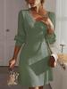 24 Vestido de otoño con cuello en V y corte A, color liso, textura, manga larga, elegante, estilo francés, para mujer