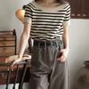 Camiseta de punto corta de manga corta a rayas azules huecas estilo francés para mujer, top corto fino, holgado, chic, de verano, sin hombros